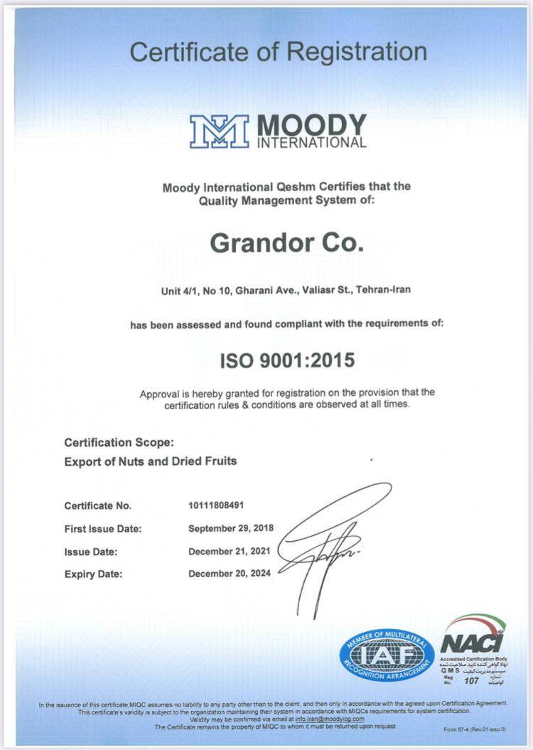 Certificate of registration ISO 9001 for Grandor Co dried Fruit and Nuts